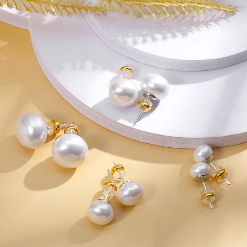 4 Pairs Pearl Studs Pearl Earrings Studs Imitationpearl Silver Earring Stud Flat Round Large Size Pearls Earrings for Women Wedding Engagement Halloween 8、10、12、14mm Set in Kuwait