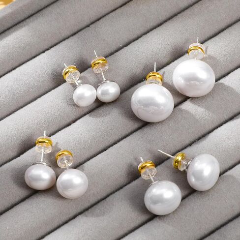 4 Pairs Pearl Studs Pearl Earrings Studs Imitationpearl Silver Earring Stud Flat Round Large Size Pearls Earrings for Women Wedding Engagement Halloween 8、10、12、14mm Set in Kuwait