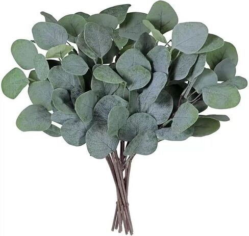 10PCS Bulk Artificial Eucalyptus Stems - Lifelike Greenery for Centerpieces, Wedding Bouquets and Vase Arrangements | Faux Silver Dollar and Oval Leaves with Seeds (Round Leaf) in Kuwait