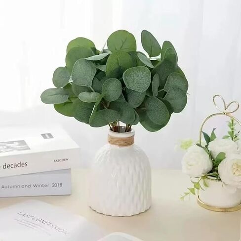 10PCS Bulk Artificial Eucalyptus Stems - Lifelike Greenery for Centerpieces, Wedding Bouquets and Vase Arrangements | Faux Silver Dollar and Oval Leaves with Seeds (Round Leaf) in Kuwait
