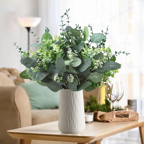10PCS Bulk Artificial Eucalyptus Stems - Lifelike Greenery for Centerpieces, Wedding Bouquets and Vase Arrangements | Faux Silver Dollar and Oval Leaves with Seeds (Round Leaf) in Kuwait