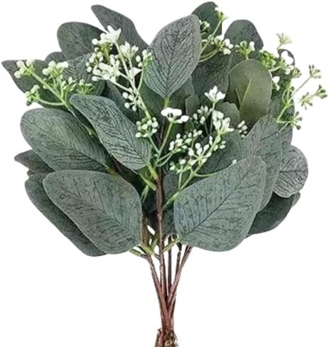 10PCS Bulk Artificial Eucalyptus Stems - Lifelike Greenery for Centerpieces, Wedding Bouquets and Vase Arrangements | Faux Silver Dollar and Oval Leaves with Seeds (Round Leaf) in Kuwait