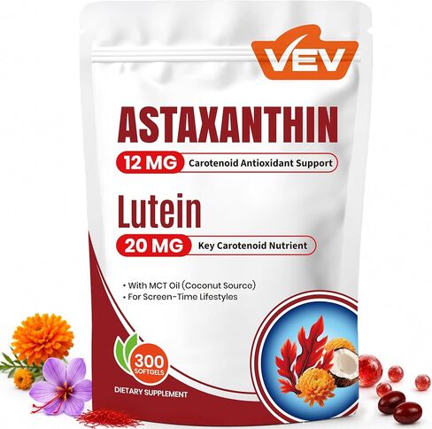 VEV Astaxanthin 12mg & Lutein 20mg Supplements with Saffron Extract, Vitamin E and Zinc, MCT Oil from Coconut, 150 Servings, 300 Softgels in Saudi Arabia