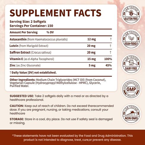 VEV Astaxanthin 12mg & Lutein 20mg Supplements with Saffron Extract, Vitamin E and Zinc, MCT Oil from Coconut, 150 Servings, 300 Softgels in Saudi Arabia