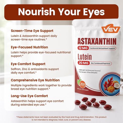 VEV Astaxanthin 12mg & Lutein 20mg Supplements with Saffron Extract, Vitamin E and Zinc, MCT Oil from Coconut, 150 Servings, 300 Softgels in Saudi Arabia