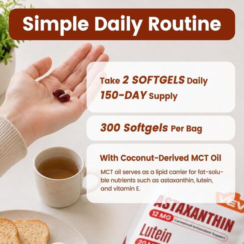 VEV Astaxanthin 12mg & Lutein 20mg Supplements with Saffron Extract, Vitamin E and Zinc, MCT Oil from Coconut, 150 Servings, 300 Softgels in Saudi Arabia