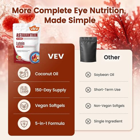 VEV Astaxanthin 12mg & Lutein 20mg Supplements with Saffron Extract, Vitamin E and Zinc, MCT Oil from Coconut, 150 Servings, 300 Softgels in Saudi Arabia