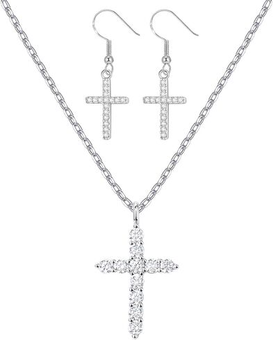 Cross Necklace for Women, 925 Sterling Silver Hypoallergenic Dangle Cross Earrings Jewelry Set for Women Faith Crucifix Pendant Necklaces 14K Gold Plated Cubic Zirconia CZ Dangling Religion Jewelry in Saudi Arabia