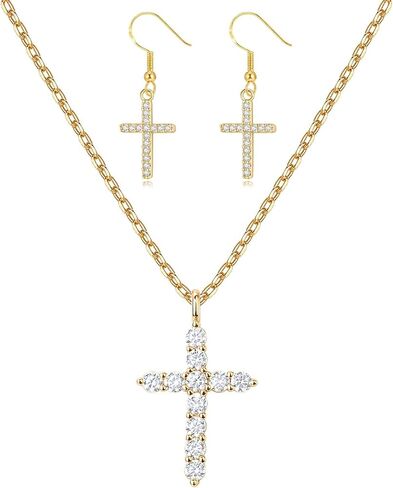 Cross Necklace for Women, 925 Sterling Silver Hypoallergenic Dangle Cross Earrings Jewelry Set for Women Faith Crucifix Pendant Necklaces 14K Gold Plated Cubic Zirconia CZ Dangling Religion Jewelry in Saudi Arabia