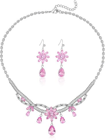 AMYJANE Women's Wedding Jewelry Crystal Flower Necklace Dangle Earrings Set for Brides Bridesmaid CZ Rhinestone Teardrop Jewelry Set for Prom Costume Jewelry Accessories in Saudi Arabia