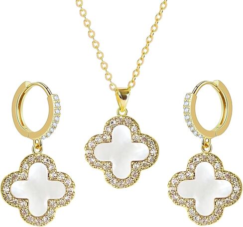 HighSpark Studded Clover Necklace with Studded Hoop Earrings for Women | Designer Jewelry Set for Women | Lovely Gift - White in Saudi Arabia