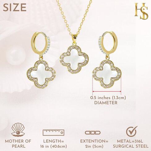 HighSpark Studded Clover Necklace with Studded Hoop Earrings for Women | Designer Jewelry Set for Women | Lovely Gift - White in Saudi Arabia