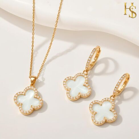 HighSpark Studded Clover Necklace with Studded Hoop Earrings for Women | Designer Jewelry Set for Women | Lovely Gift - White in Saudi Arabia