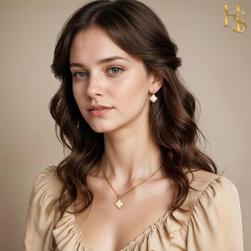 HighSpark Studded Clover Necklace with Studded Hoop Earrings for Women | Designer Jewelry Set for Women | Lovely Gift - White in Saudi Arabia