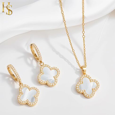 HighSpark Studded Clover Necklace with Studded Hoop Earrings for Women | Designer Jewelry Set for Women | Lovely Gift - White in Saudi Arabia