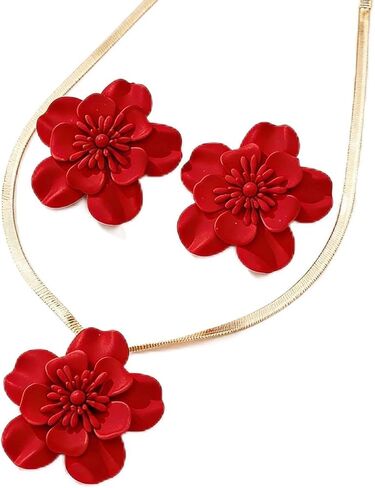 Vintage Flower Necklace and Earrings Sets for Women, Gold Snake Chain Necklace Bohemian Red Floral Statement Earrings, Hypoallergenic Bridal Jewelry Set for Wedding Party Evening Beach Vacation (Red) in Saudi Arabia