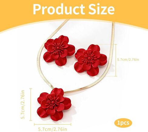 Vintage Flower Necklace and Earrings Sets for Women, Gold Snake Chain Necklace Bohemian Red Floral Statement Earrings, Hypoallergenic Bridal Jewelry Set for Wedding Party Evening Beach Vacation (Red) in Saudi Arabia