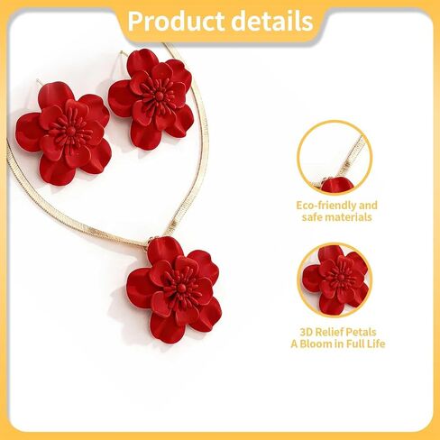 Vintage Flower Necklace and Earrings Sets for Women, Gold Snake Chain Necklace Bohemian Red Floral Statement Earrings, Hypoallergenic Bridal Jewelry Set for Wedding Party Evening Beach Vacation (Red) in Saudi Arabia