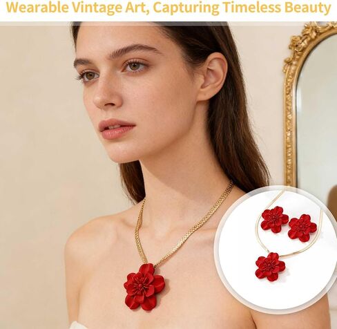 Vintage Flower Necklace and Earrings Sets for Women, Gold Snake Chain Necklace Bohemian Red Floral Statement Earrings, Hypoallergenic Bridal Jewelry Set for Wedding Party Evening Beach Vacation (Red) in Saudi Arabia
