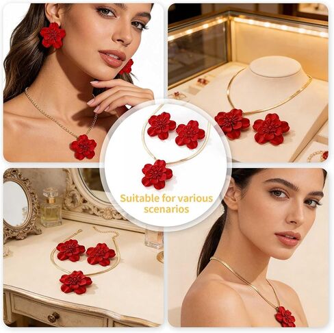 Vintage Flower Necklace and Earrings Sets for Women, Gold Snake Chain Necklace Bohemian Red Floral Statement Earrings, Hypoallergenic Bridal Jewelry Set for Wedding Party Evening Beach Vacation (Red) in Saudi Arabia