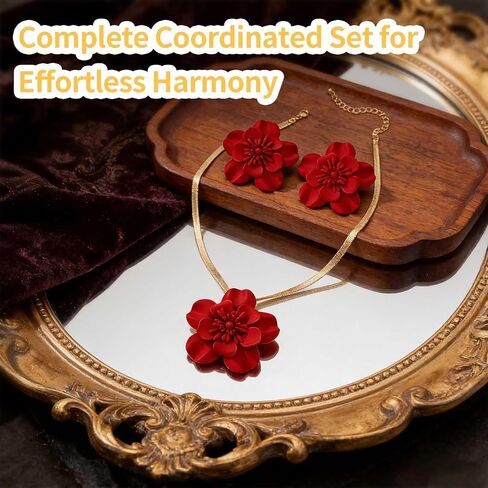 Vintage Flower Necklace and Earrings Sets for Women, Gold Snake Chain Necklace Bohemian Red Floral Statement Earrings, Hypoallergenic Bridal Jewelry Set for Wedding Party Evening Beach Vacation (Red) in Saudi Arabia