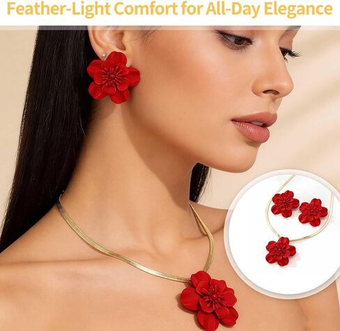 Vintage Flower Necklace and Earrings Sets for Women, Gold Snake Chain Necklace Bohemian Red Floral Statement Earrings, Hypoallergenic Bridal Jewelry Set for Wedding Party Evening Beach Vacation (Red) in Saudi Arabia