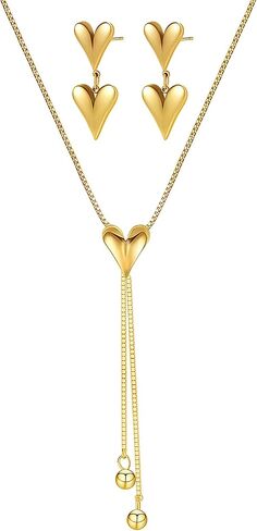 Gold Heart Jewelry Set for Women, Vintage Y Shape Necklace with Double Heart Drop Earrings, 18K Gold Plated Stainless Steel Romantic Jewelry Gift Set for Valentine's Day Anniversary in Saudi Arabia