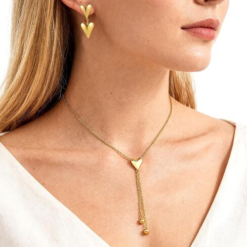 Gold Heart Jewelry Set for Women, Vintage Y Shape Necklace with Double Heart Drop Earrings, 18K Gold Plated Stainless Steel Romantic Jewelry Gift Set for Valentine's Day Anniversary in Saudi Arabia