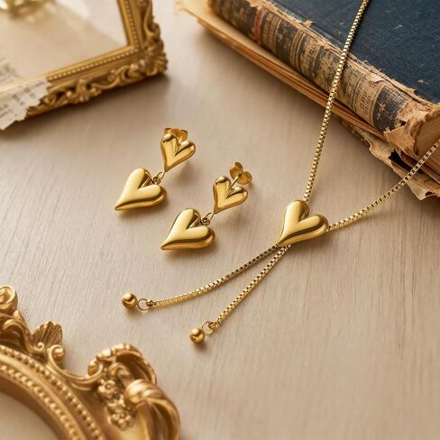 Gold Heart Jewelry Set for Women, Vintage Y Shape Necklace with Double Heart Drop Earrings, 18K Gold Plated Stainless Steel Romantic Jewelry Gift Set for Valentine's Day Anniversary in Saudi Arabia