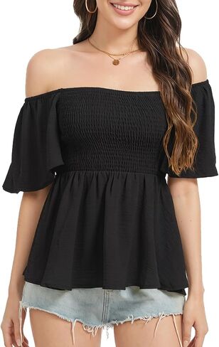 Smocked Babydoll Blouse for Women - Square Neck Ruffle Mini Top, Cute Puff Short Sleeve Flowy Boho Shirred in Saudi Arabia