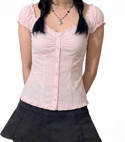 Women Babydoll Y2k Top Puff Sleeve Button Down Vintage Shirt Cute Going Out Tops in Saudi Arabia