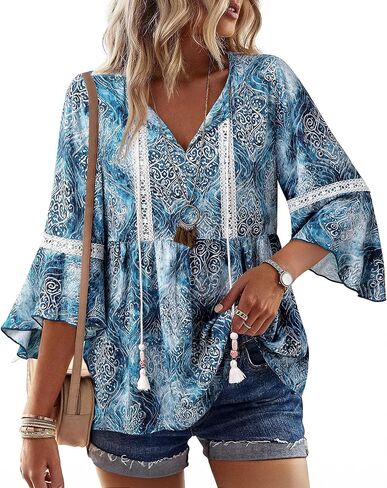 Vivilli Womens Summer Boho Tops Lace V Neck 3/4 Sleeve Babydoll Tunic Peasant Blouses Casual Vacation Outfits in Saudi Arabia