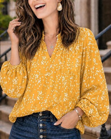 Women's Printed Shirts V Neck Casual Slim Fit Long Sleeve T-Shirt in Kuwait