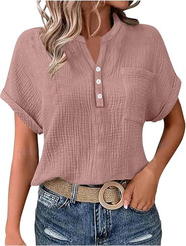 Cotton Gauze Tops for Women V Neck Short Sleeve Button Down Crinkle Texture Summer Casual Blouse Beach in Saudi Arabia