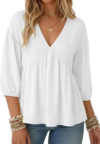 Women's Flowy Peplum Babydoll Tops 3/4 Length Puff Sleeve Shirts Trendy Casual Loose Fit Blouse V Neck Outfits in Saudi Arabia