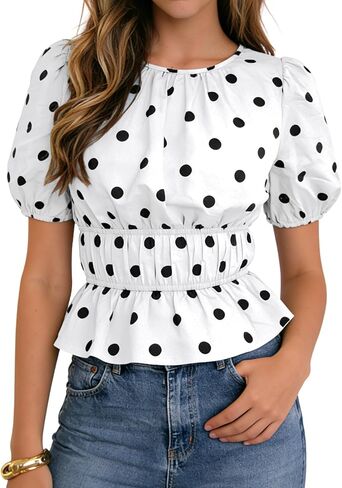 POTILI Women's Puff Sleeve Polka Dot Peplum Top Crew Neck Smocked Waist Casual Short Sleeve Blouse Shirt in Kuwait