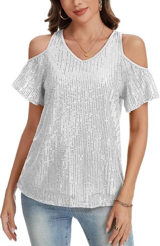 Sparkly Sequin Tops for Women V Neck Cold Shoulder Ruffled Short Sleeve Glitter Blouses Party Disco Shirt in Saudi Arabia