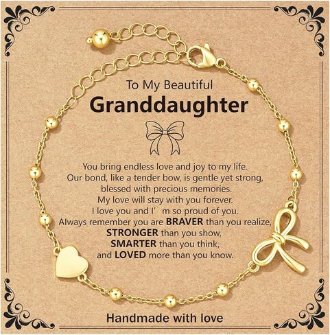 To My Daughter Granddaughter Sister Bestie Bracelet, Bow and Heart 14K Gold Plated Jewelry for Women, Birthday Friendship Gift from Mom Grandma in Saudi Arabia