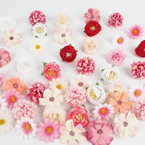 ATTGREAT Fake Flowers Heads Bulk 66PCS Small Silk Flower Heads Mini Artificial Daisy Roses Buds 3D Faux Floral Accessories for Crafts DIY Hair Cake Wedding Party Home Decoration, Pink in Saudi Arabia