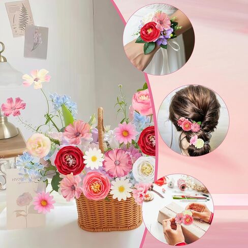 ATTGREAT Fake Flowers Heads Bulk 66PCS Small Silk Flower Heads Mini Artificial Daisy Roses Buds 3D Faux Floral Accessories for Crafts DIY Hair Cake Wedding Party Home Decoration, Pink in Saudi Arabia