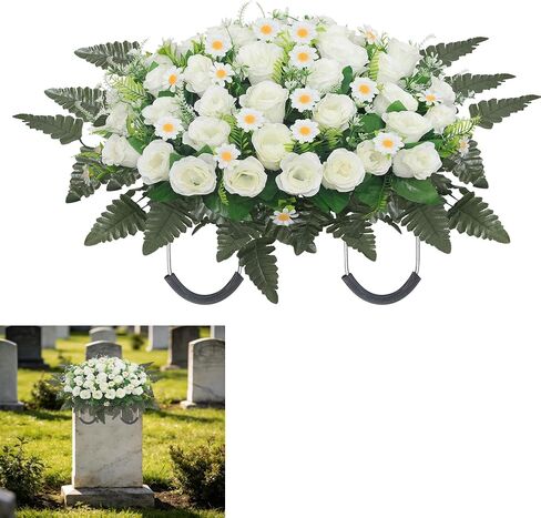 Wocst Headstone Flower Saddle,Large Artificial Cemetery Flowers for Grave Artificial Roses Daisy Saddle for Cemetery Headstone (Purple) in Saudi Arabia