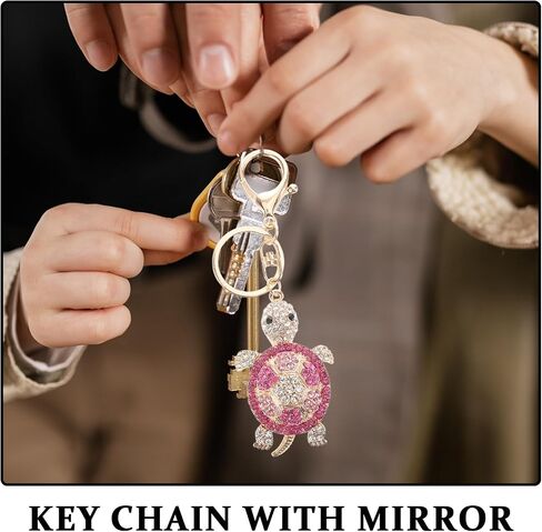 Turtle Keychain Rhinestone Bag Charm, Gold Alloy Metal Colorful Crystals Built-in Mirror, Car Keys Holder Purse Pendant Women Girls Gift in Kuwait