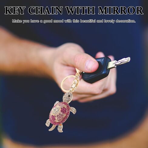 Turtle Keychain Rhinestone Bag Charm, Gold Alloy Metal Colorful Crystals Built-in Mirror, Car Keys Holder Purse Pendant Women Girls Gift in Kuwait
