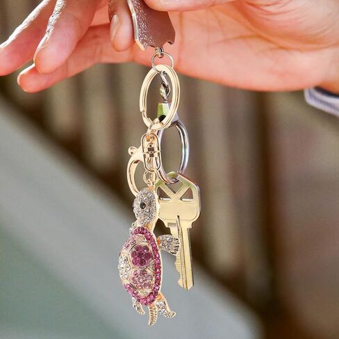 Turtle Keychain Rhinestone Bag Charm, Gold Alloy Metal Colorful Crystals Built-in Mirror, Car Keys Holder Purse Pendant Women Girls Gift in Kuwait