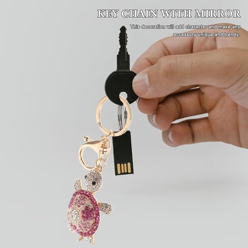 Turtle Keychain Rhinestone Bag Charm, Gold Alloy Metal Colorful Crystals Built-in Mirror, Car Keys Holder Purse Pendant Women Girls Gift in Kuwait