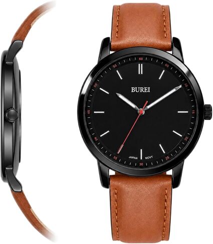 BUREI Men‘s 44mm Large Dial Watch, Ultra-Thin Lightweight Quartz Wristwatch, Genuine Leather Strap, 3ATM Waterproof Minimalist Dress Watch for Business Casual, Gift for Dad Husband in Kuwait