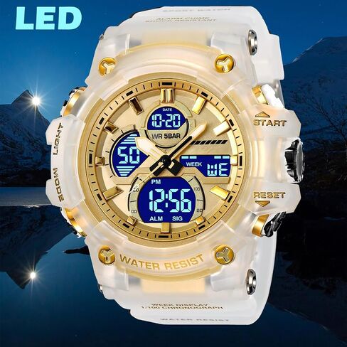 findtime Men's Military Tactical Watches for Men Big Face Large Dual Analog Digital Display Sports Outdoor Durable Rugged White Wristwatch with LED Backlight Waterproof in Kuwait