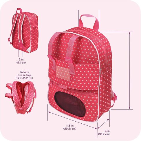 Badger Basket Doll Travel Backpack - Star Design Toy Carrier Bag Includes Plush Pet Pocket Adjustable Straps Storage Pockets Pretend Play Accessories - Fits 14.5 to 18 Inch Dolls - Pink in Kuwait