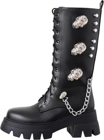 Black Faux Leather Punk Combat Boots for Women, Lace Up Mid Calf Lug Sole Shoes with Metal Skull Chains and Side Zipper in Saudi Arabia