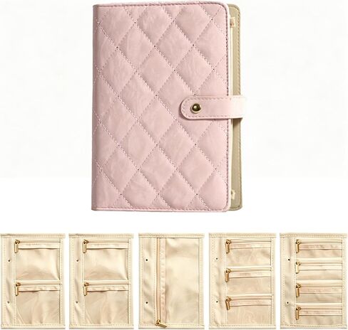 Travel Jewelry Organizer Case, PU Leather Jewelry Binder Organizer Box Portable Checkered Earrings Storage Bag with 4 Necklace Clips & 5 Zipper Velvet Pouch for Earrings,Necklaces Rings (Pink) in Saudi Arabia